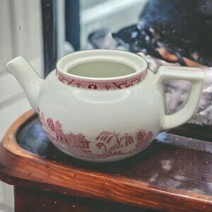 Town Sterling China Teapot Made In The USA Decor Red White No Lid Vintage